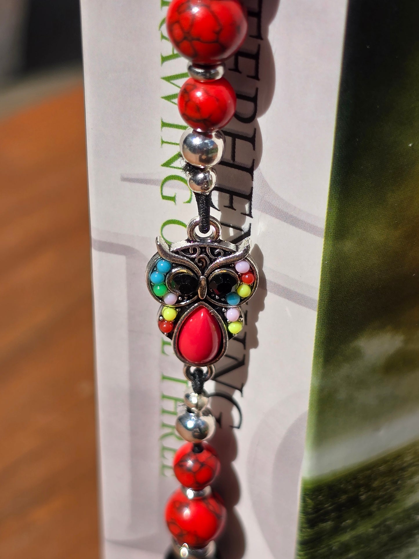 Red Owl Elastic Bookmark - Beaded charm page holder for Books, Diaries and Journals