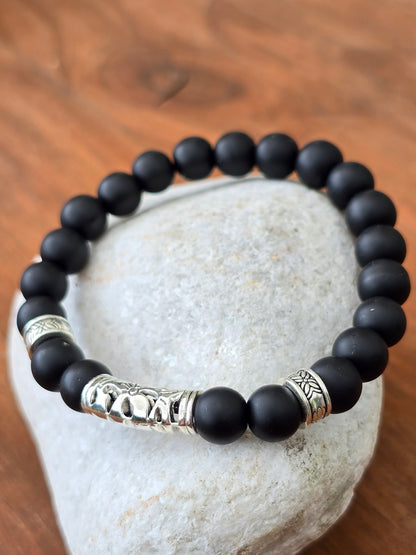 Men's Matt Black Beaded Elastic Bracelet - 6 inch size for smaller wrists