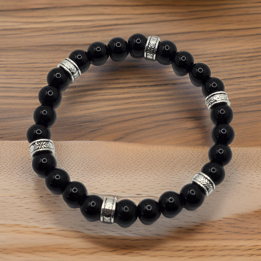 Mens black gloss beaded bracelet - Black stone beads with silver accents