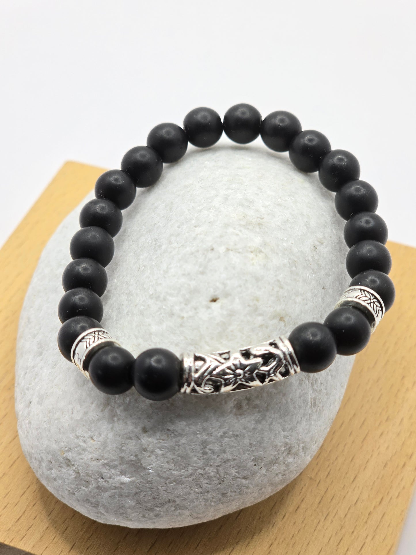 Men's Matt Black Beaded Elastic Bracelet - 6 inch size for smaller wrists