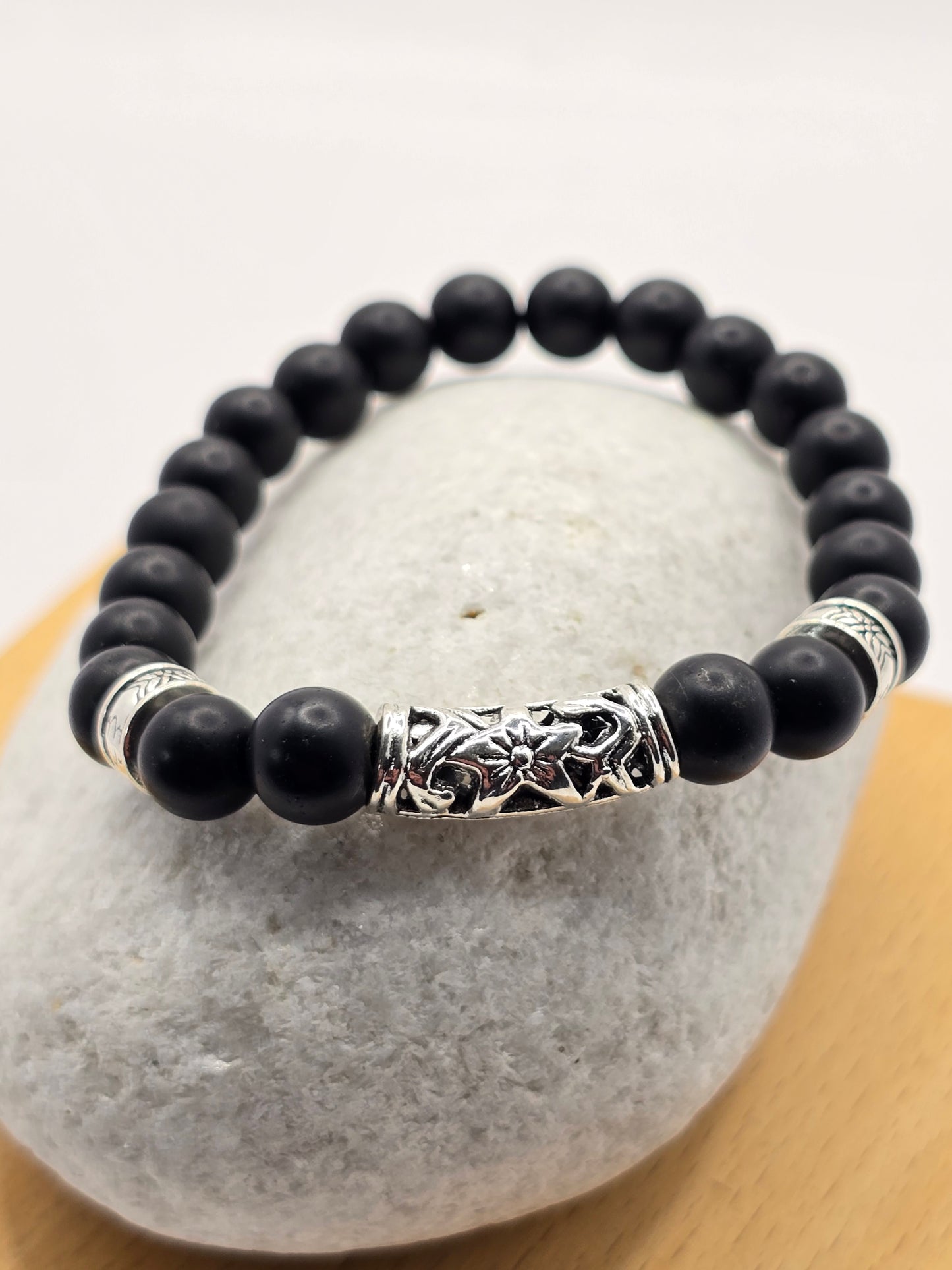 Men's Matt Black Beaded Elastic Bracelet - 6 inch size for smaller wrists