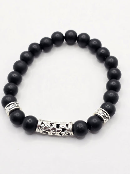 Men's Matt Black Beaded Elastic Bracelet - 6 inch size for smaller wrists