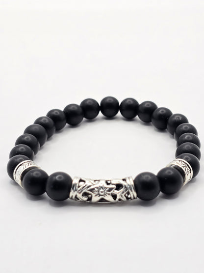 Men's Matt Black Beaded Elastic Bracelet - 6 inch size for smaller wrists