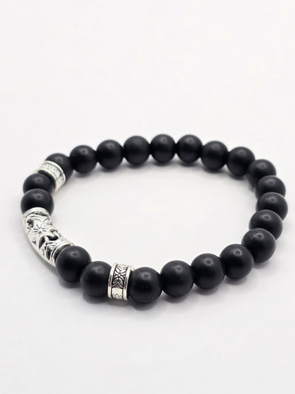 Men's Matt Black Beaded Elastic Bracelet - 6 inch size for smaller wrists