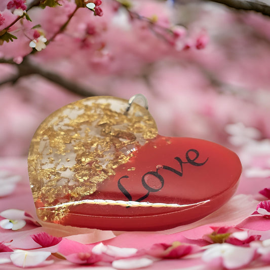 Love Heart Resin Keyring - Red / Gold