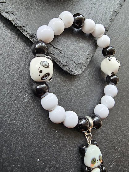 Kids Panda Themed Bracelet - Elastic stretch bracelet 5.5 inch size before stretch for all ages