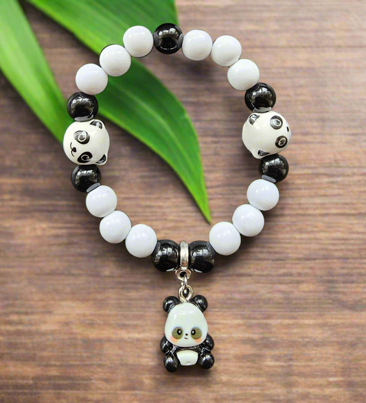 Kids Panda Themed Bracelet - Elastic stretch bracelet 5.5 inch size before stretch for all ages