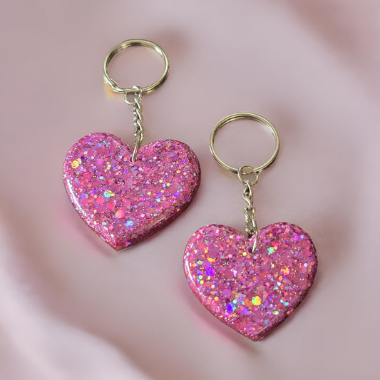 Pink Glitter Heart Keyring Set - 2 Resin Heart Shaped Keyrings