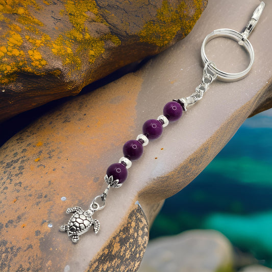 Purple Beaded Sea Turtle Bag Charm / Zipper Charm